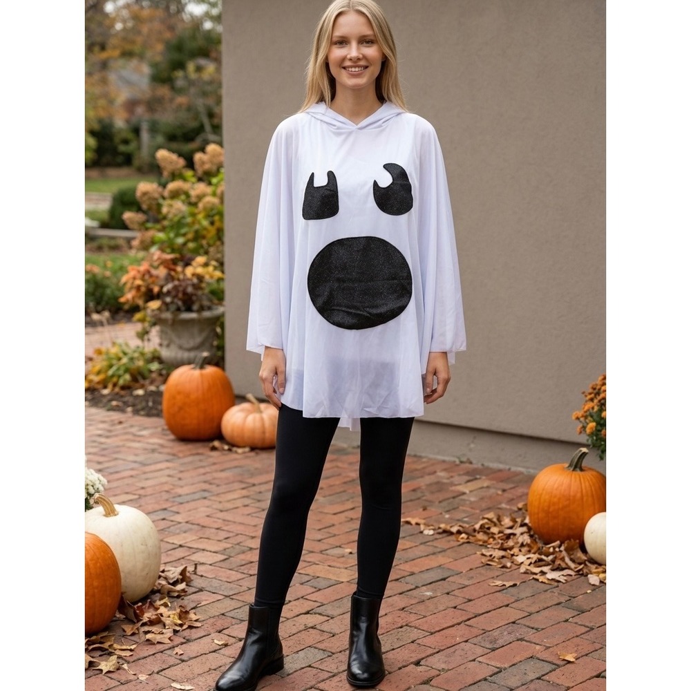 NEW Spadehills White Ghost Halloween Hooded Poncho Costume One Size Glitter Face